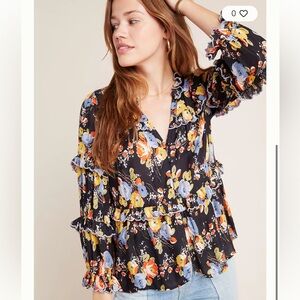 Maeve Floral Ruffle Top - Black, Blue, Yellow, Orange